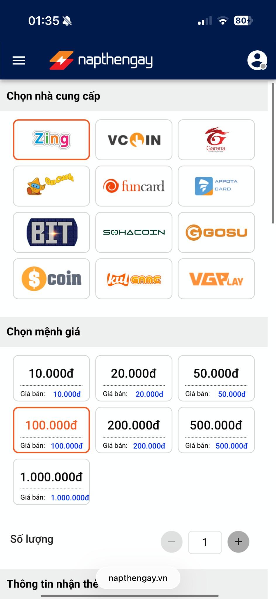 <p>Chọn thẻ Zing và mệnh giá</p>