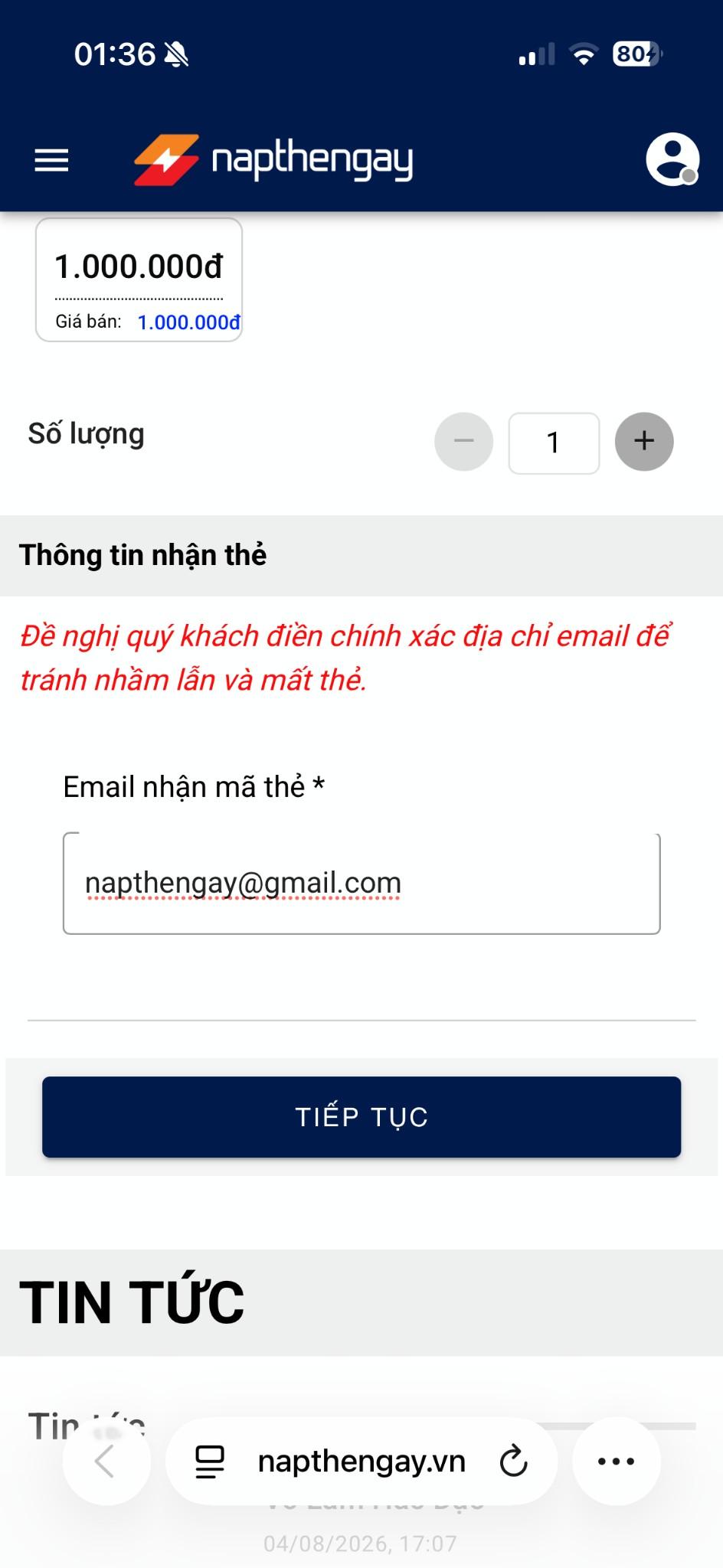 <p>Nhập địa chỉ email nhận mã thẻ</p>