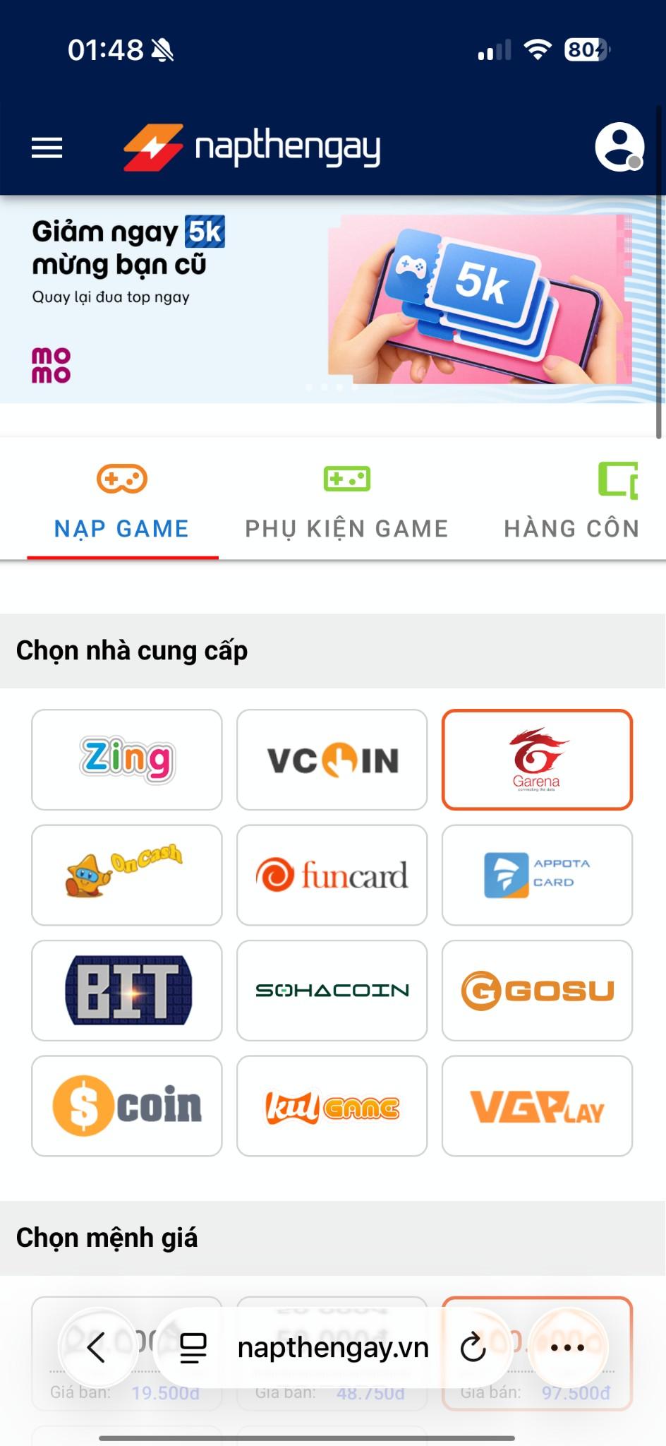 Mua thẻ Garena