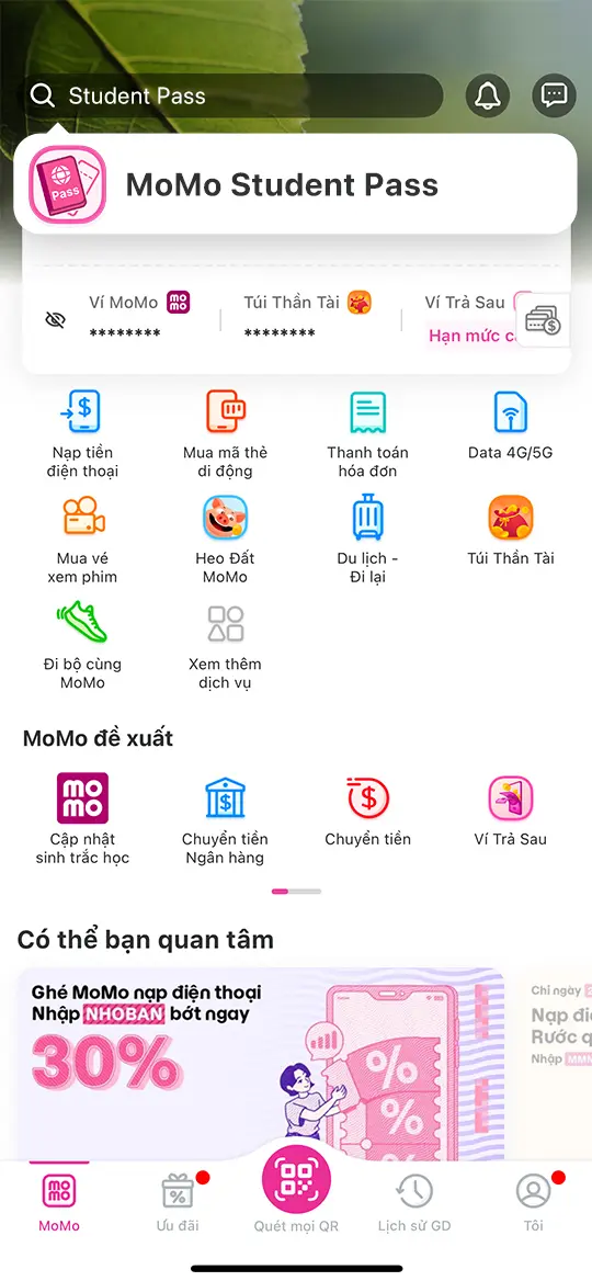 <p>Tại trang chủ MoMo, gõ “Student Pass” trên khung tìm kiếm</p>