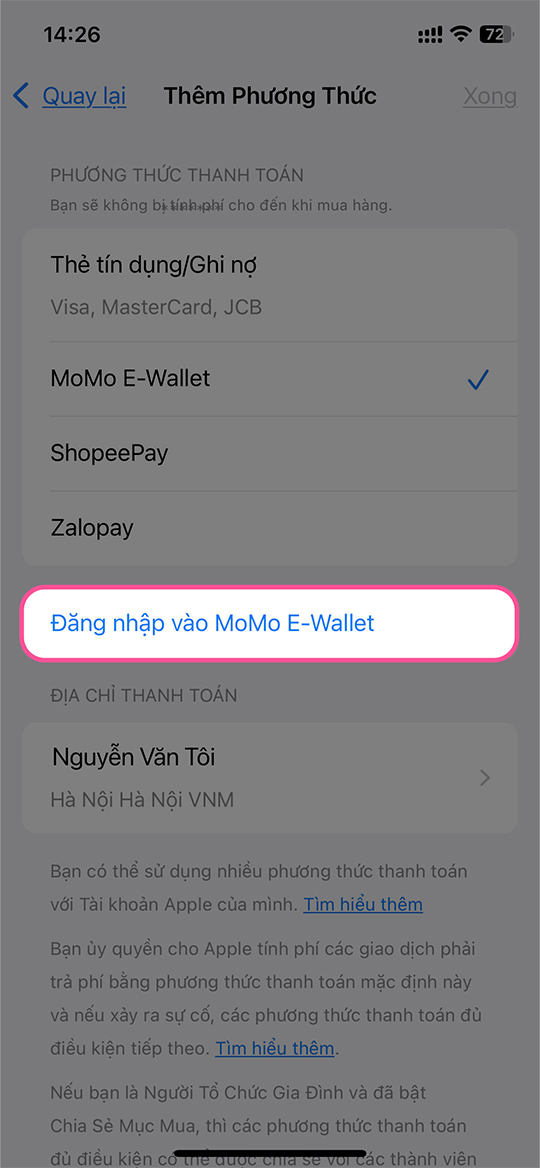 Chọn MoMo E-Wallet và bấm đăng nhập