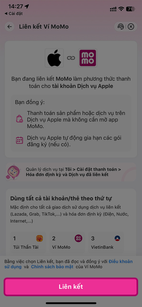 Màn hình chuyển sang màn hình liên kết > Bấm liên kết để thêm MoMo làm phương thức thanh toán