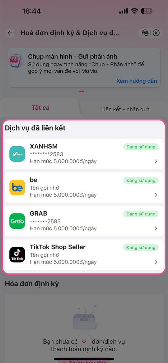 Kiểm tra các dịch vụ đã liên kết thanh toán MoMo