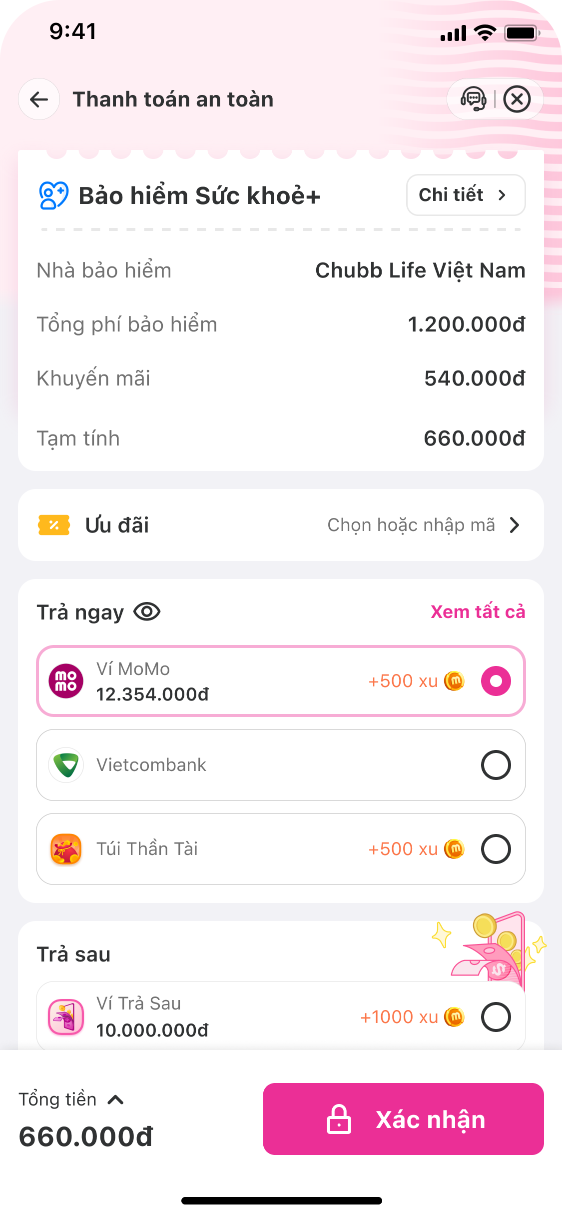 Xác nhận thông tin, và xác nhận số tiền phải trả, tiến hành thanh toán để hoàn tất giao dịch.