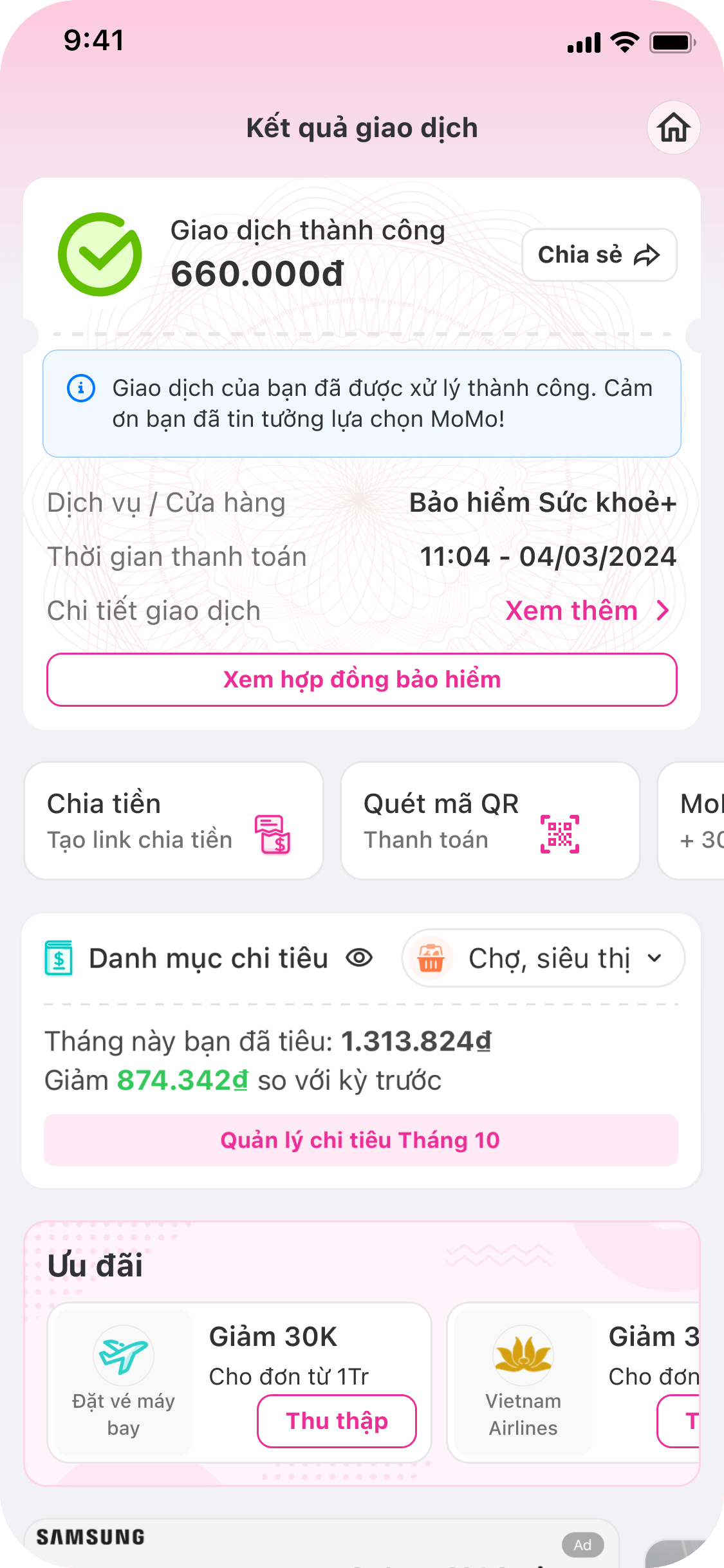Thanh toán thành công. Lúc này, bạn có thể xem hợp đồng của mình bằng việc nhấn vào “Xem hợp đồng bảo hiểm”.