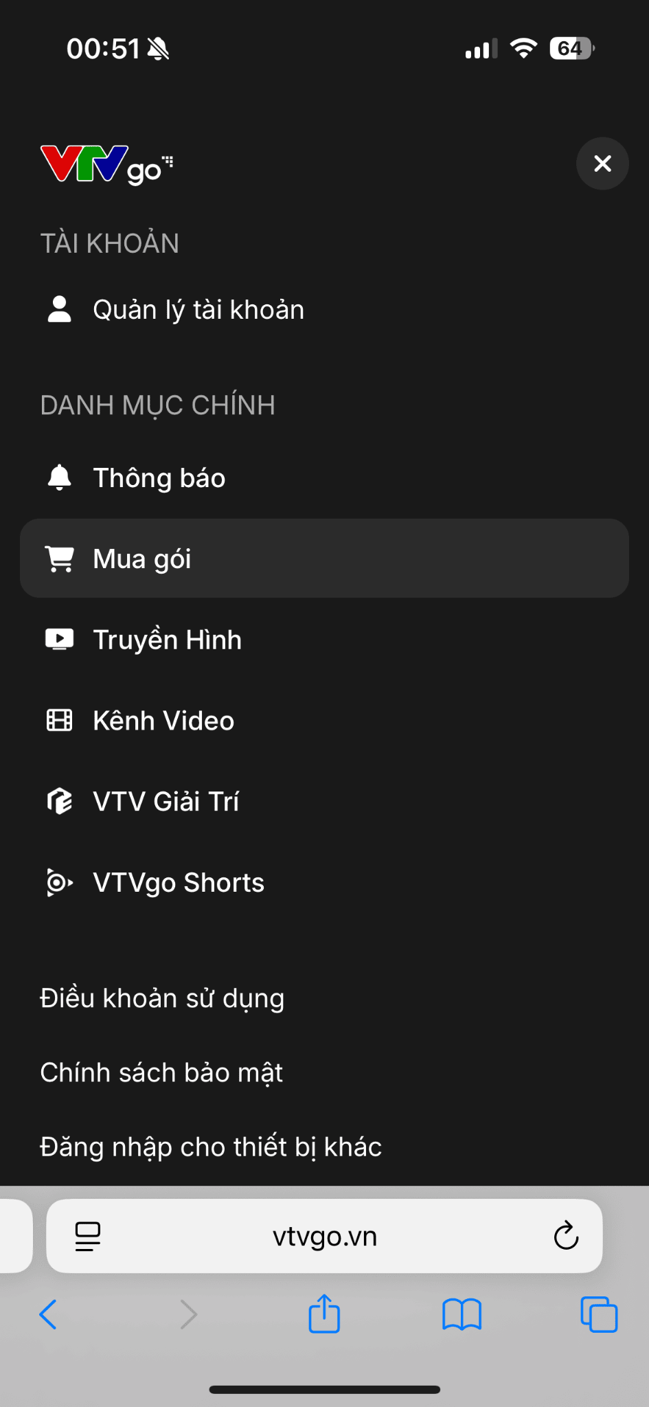 Tại màn hình Trang chủ, nhấn vào dấu 3 gạch ngang ở phía trên bên trái, chọn Mua gói