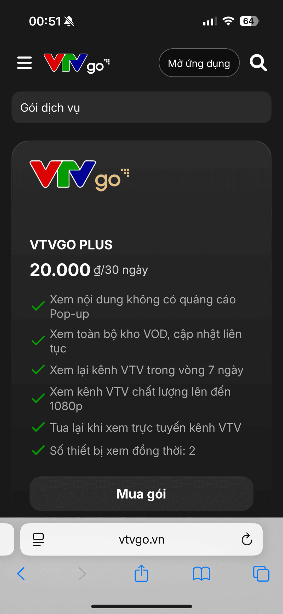 Chọn gói cước VTV Plus và Nhấn Mua gói