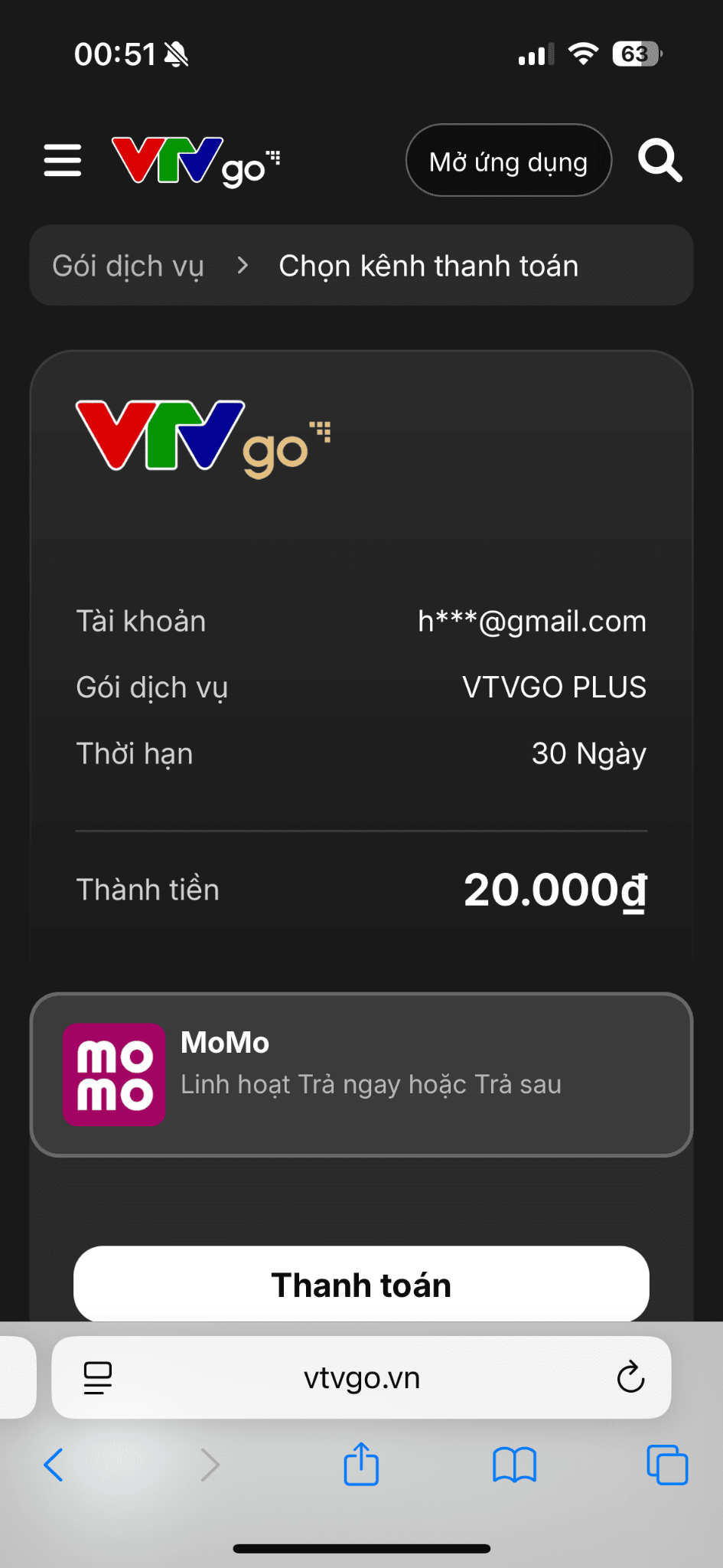 Chọn thời hạn mong muốn và chọn kênh thanh toán MoMo, sau đó nhấn Thanh toán