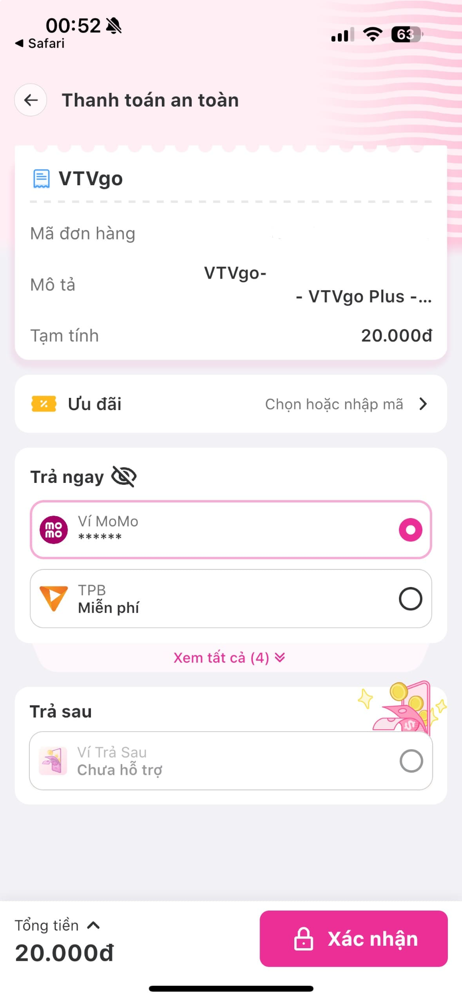 Kiểm tra thông tin, chọn “Xác nhận” để thanh toán