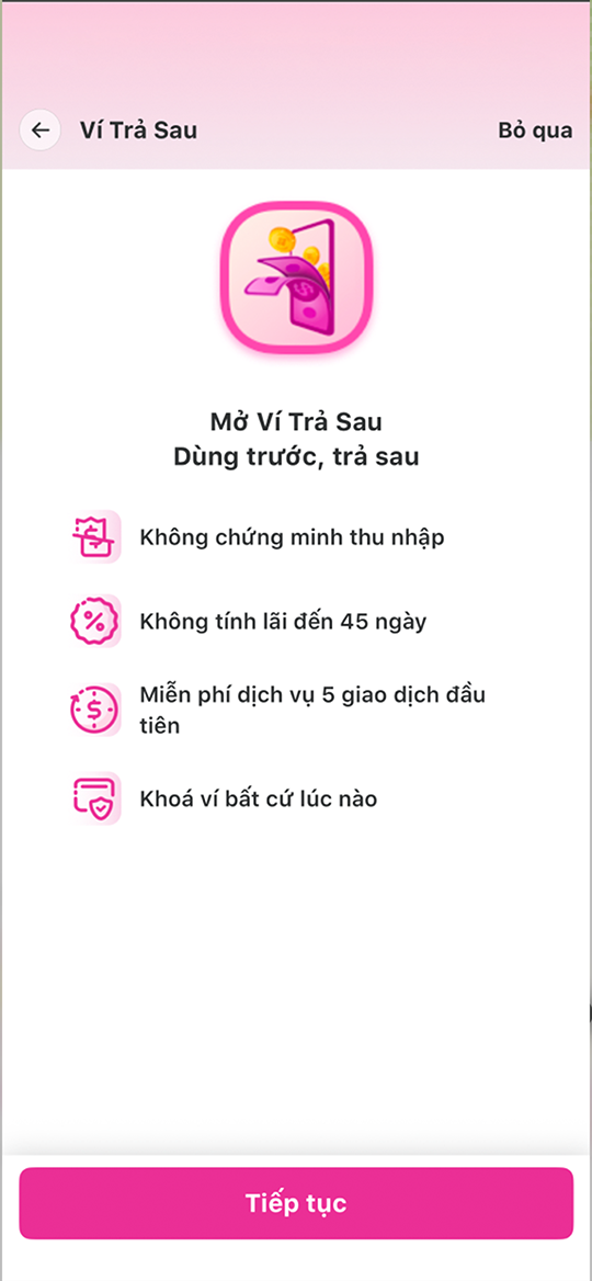 Tham khảo các tiện ích của Ví Trả Sau