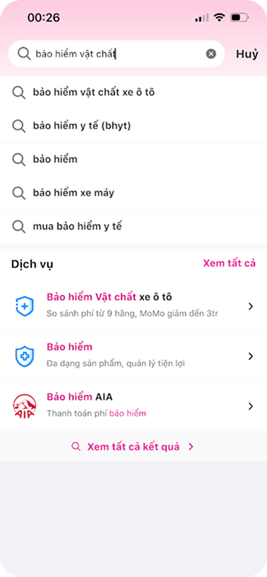 Truy cập Bảo hiểm Vật chất xe ô tô trên MoMo