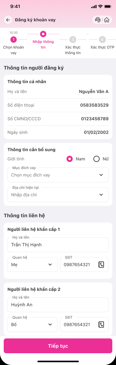Điền thông tin hồ sơ vay