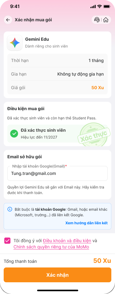 <p>Điền Email sở hữu gói > Chọn đồng ý với Điều khoản và điều kiện chương trình > Bấm “Xác nhận” mua gói thành công;</p>